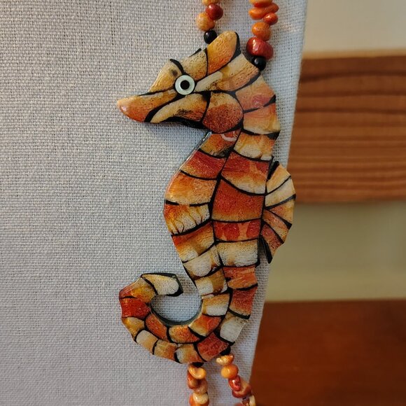 Vtg MCM Necklace Estate Jewelry Amber Seahorse Stone Resin & Wood Signed Tag - Picture 2 of 9